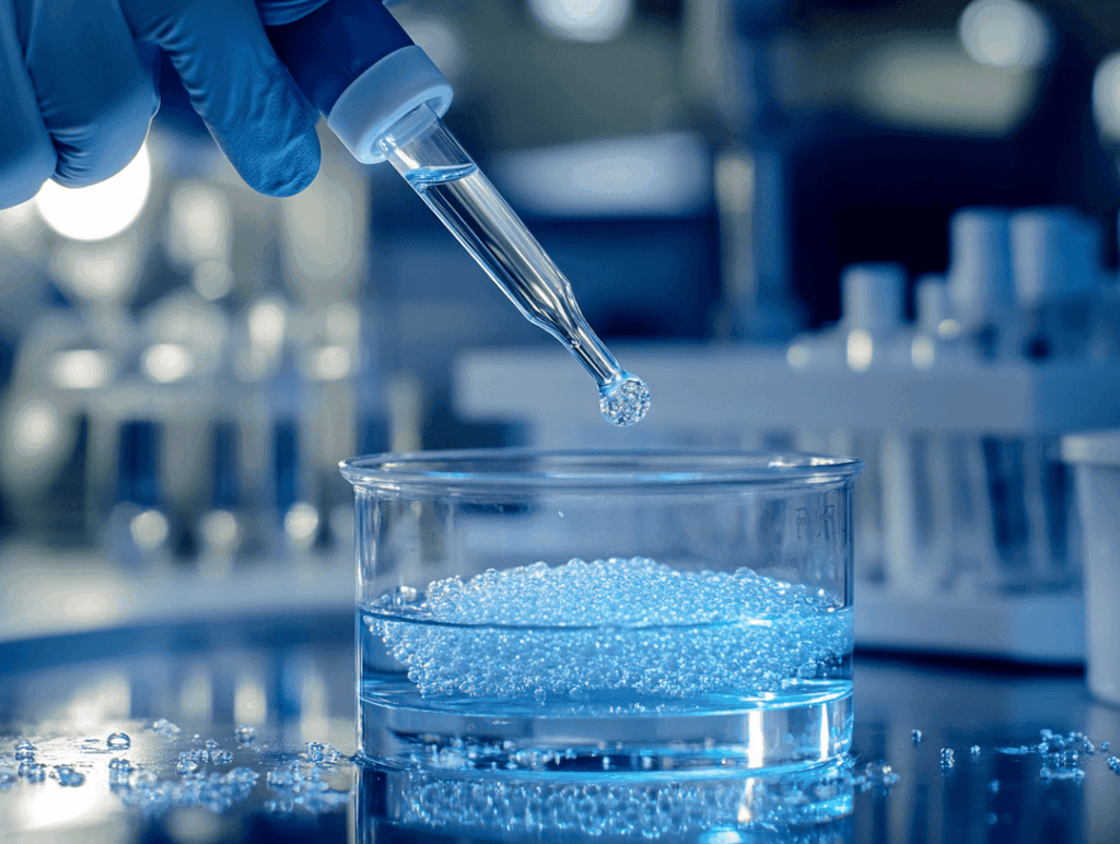 Ionic gelation process in a laboratory: dropwise addition of biopolymer solution forming gel microspheres in aqueous medium.