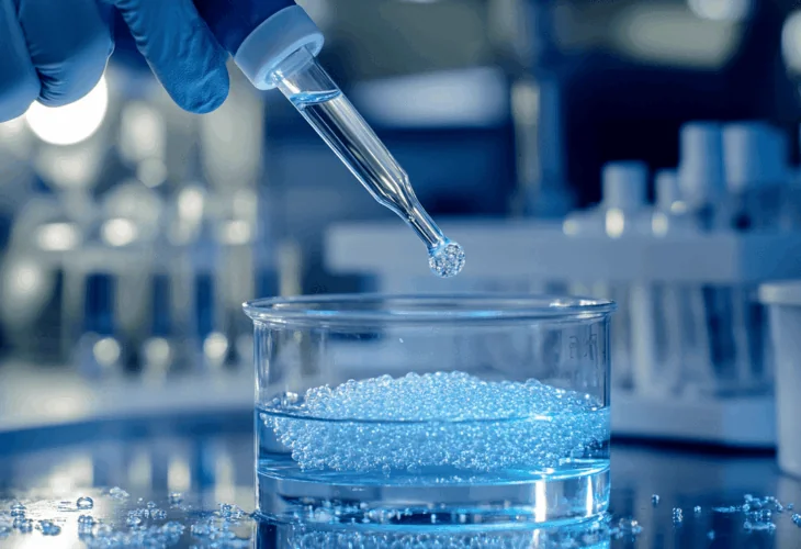 Ionic gelation process in a laboratory: dropwise addition of biopolymer solution forming gel microspheres in aqueous medium.