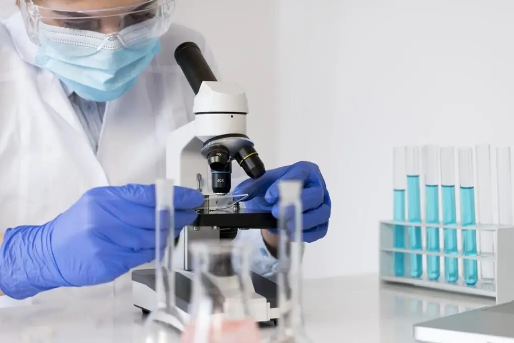 Scientist examining a sample under a microscope during in vitro studies.