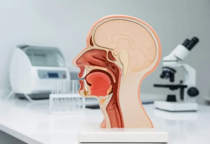 Human anatomical head model showing the oral cavity and internal digestive structures. Illustrates the function of the oral cavity in the digestive system.