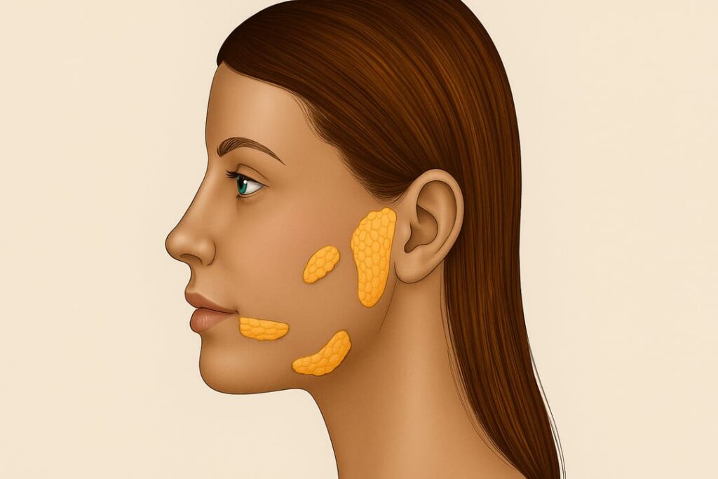 Illustration of salivary glands in a female face, highlighting their function in the digestive system.