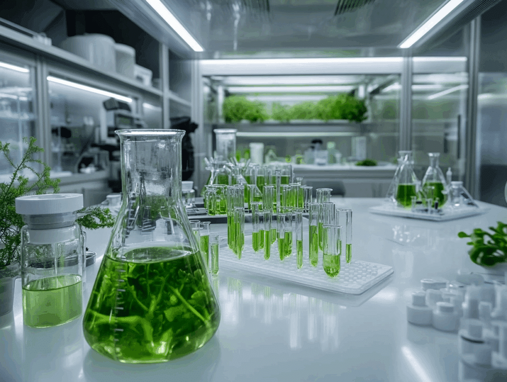 Modern laboratory with glassware filled with green liquid, including beakers, test tubes, and Erlenmeyer flasks, surrounded by fresh plants. The image represents research in green chemistry and sustainable science."