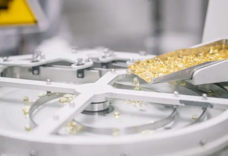 Automated production line for encapsulated retinol capsules in a pharmaceutical or cosmetic manufacturing facility.