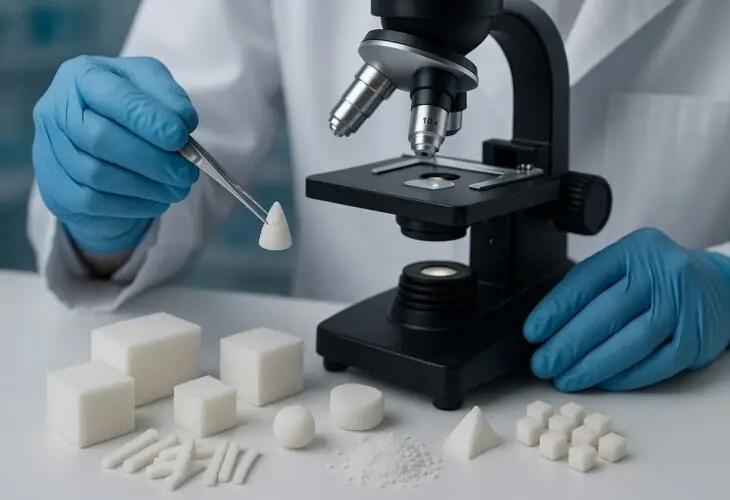 Researcher handling a three-dimensional biomaterial scaffold in front of a microscope
