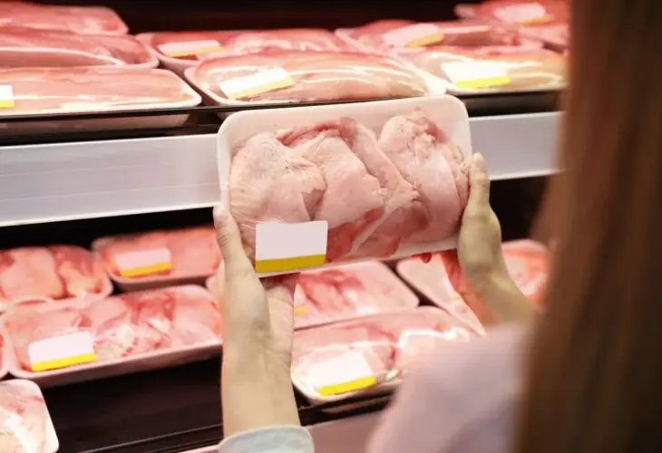 Raw chicken packaged in trays being selected by a consumer in a supermarket refrigerated display.