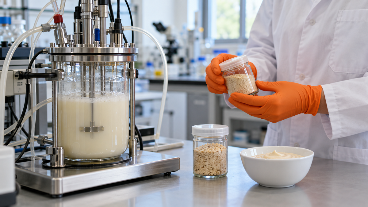 Profesional con guantes naranjas examinando una muestra de ingrediente alimentario junto a un fermentador de laboratorio.