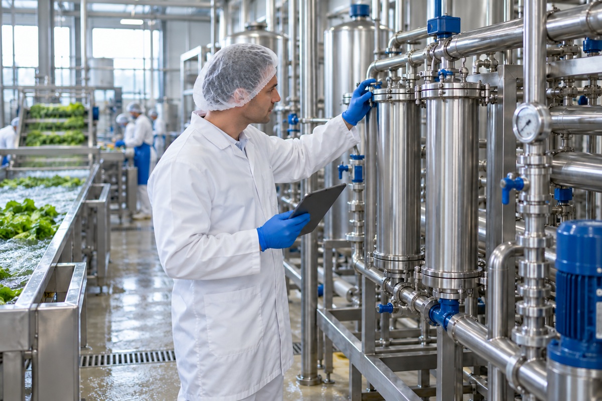 Técnico revisa un sistema de filtración de agua en una planta de procesamiento de alimentos.