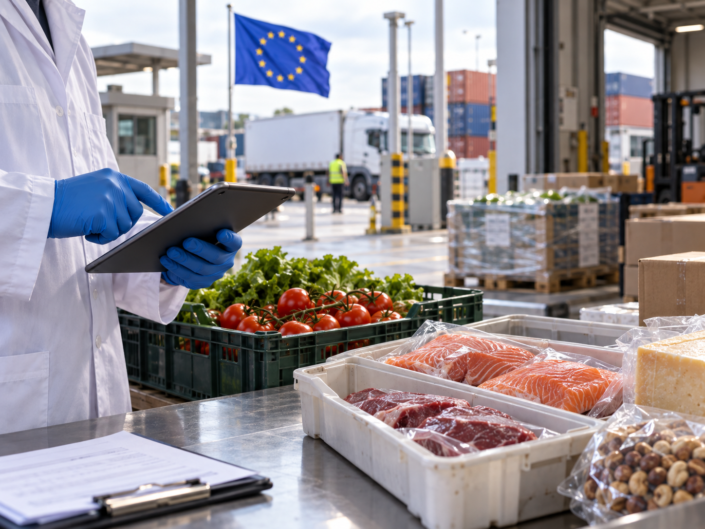 Control de alimentos importados en un puesto fronterizo de la Unión Europea.