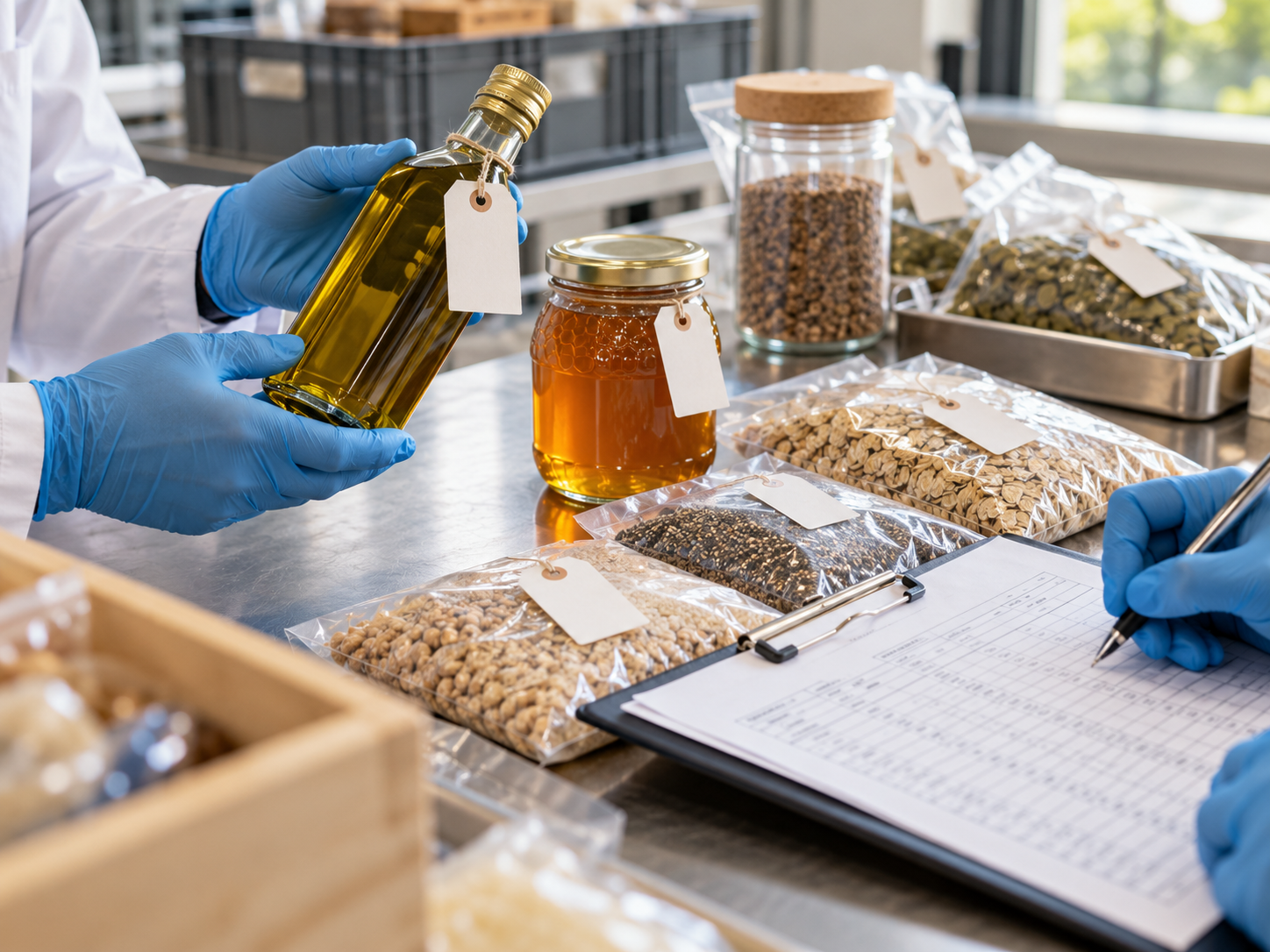 Personal técnico revisa muestras de aceite, miel y cereales junto a un registro de trazabilidad.
