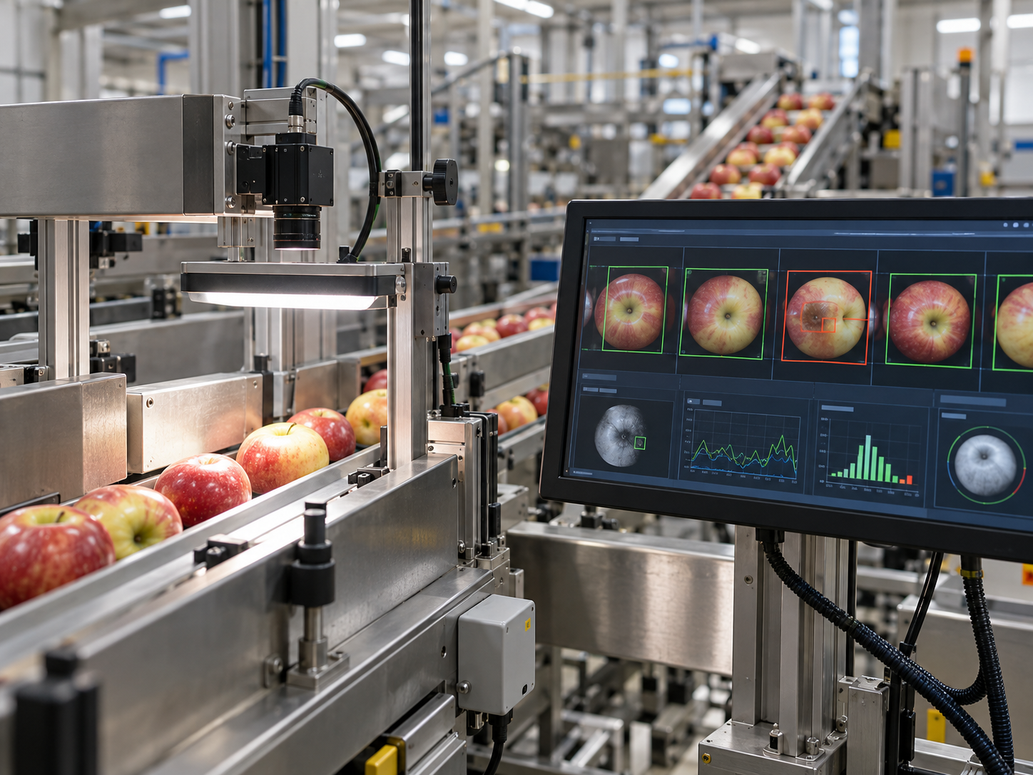 Línea de producción de manzanas con cámara de inspección y pantalla de análisis para el control de calidad.