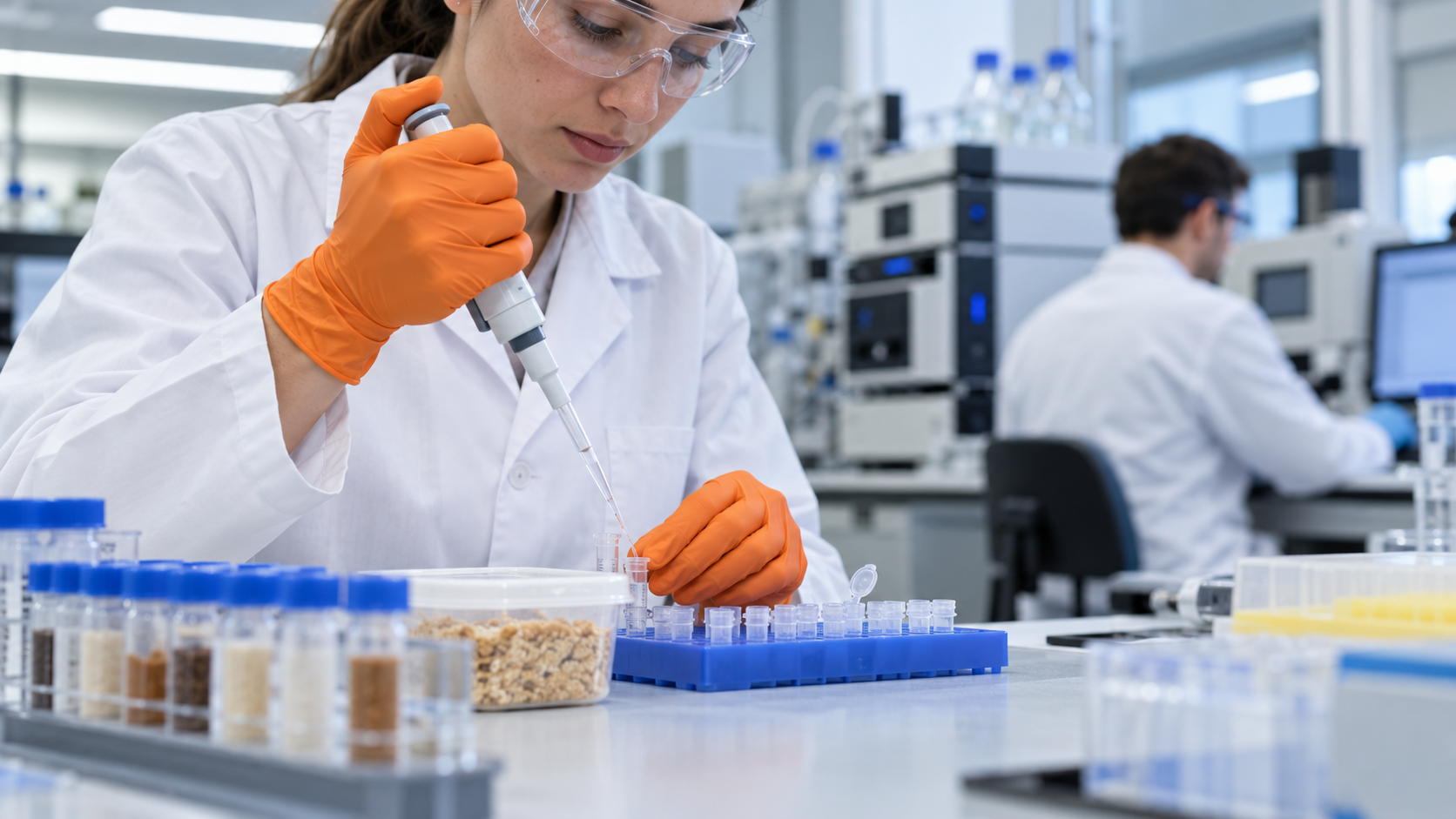 Técnica con guantes naranjas utiliza una micropipeta para analizar muestras alimentarias en un laboratorio.