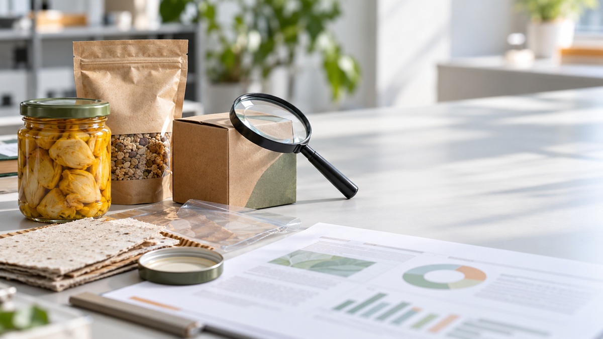 Envases alimentarios y documentación técnica sobre una mesa, con una lupa junto a los productos.