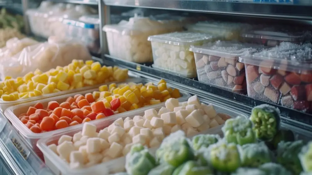 Présentoir de congélateur commercial avec des récipients givrés contenant des légumes coupés et des ingrédients préparés.