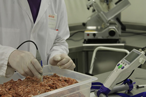 Técnico de AINIA trabajando en el desarrollo de productos cárnicos más saludables